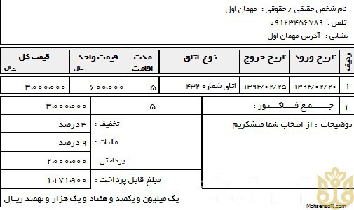 از یک نمونه فاکتور هتل مشهد در چه مواردی استفاده می شود؟